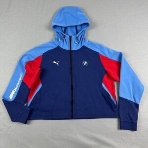 Puma M Motorsports BMW Womens Large Blue Red Cropped Hoodie Jacket Full Zip